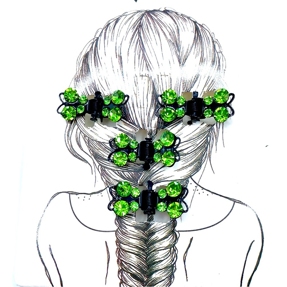 Hair Clips Set Of 4 Green Rhinestone Butterfly Mini Claws Updos